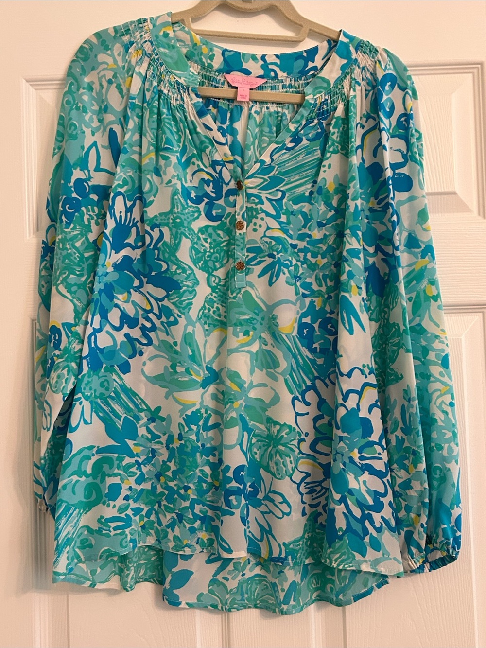 Lilly Pulitzer Elsa Silk Blouse, “In a Pinch”, Size L, EUC